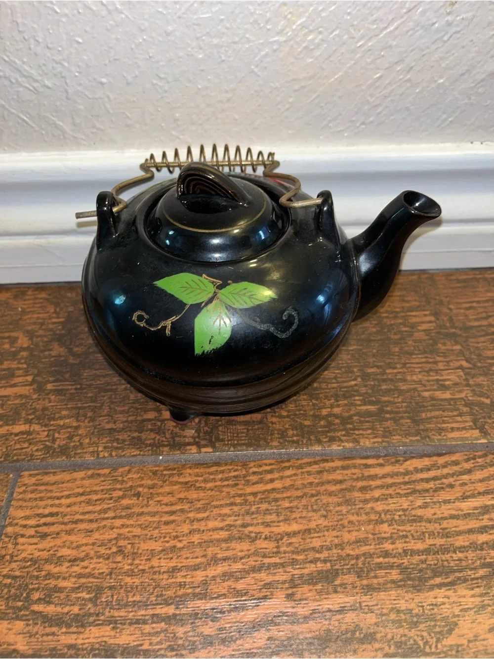 Black Hand-Painted Fruit Teapot with Brass Handle